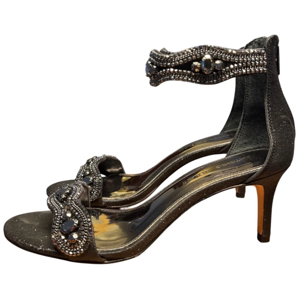 ANTONIO MELANI Women's 8 Black Rhinestone Heels Sparkle Zip Back Fancy Shoes